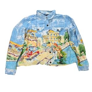 Vintage Artscapes Scenic Village Jacket Women's Size L Blue Cotton Button Up